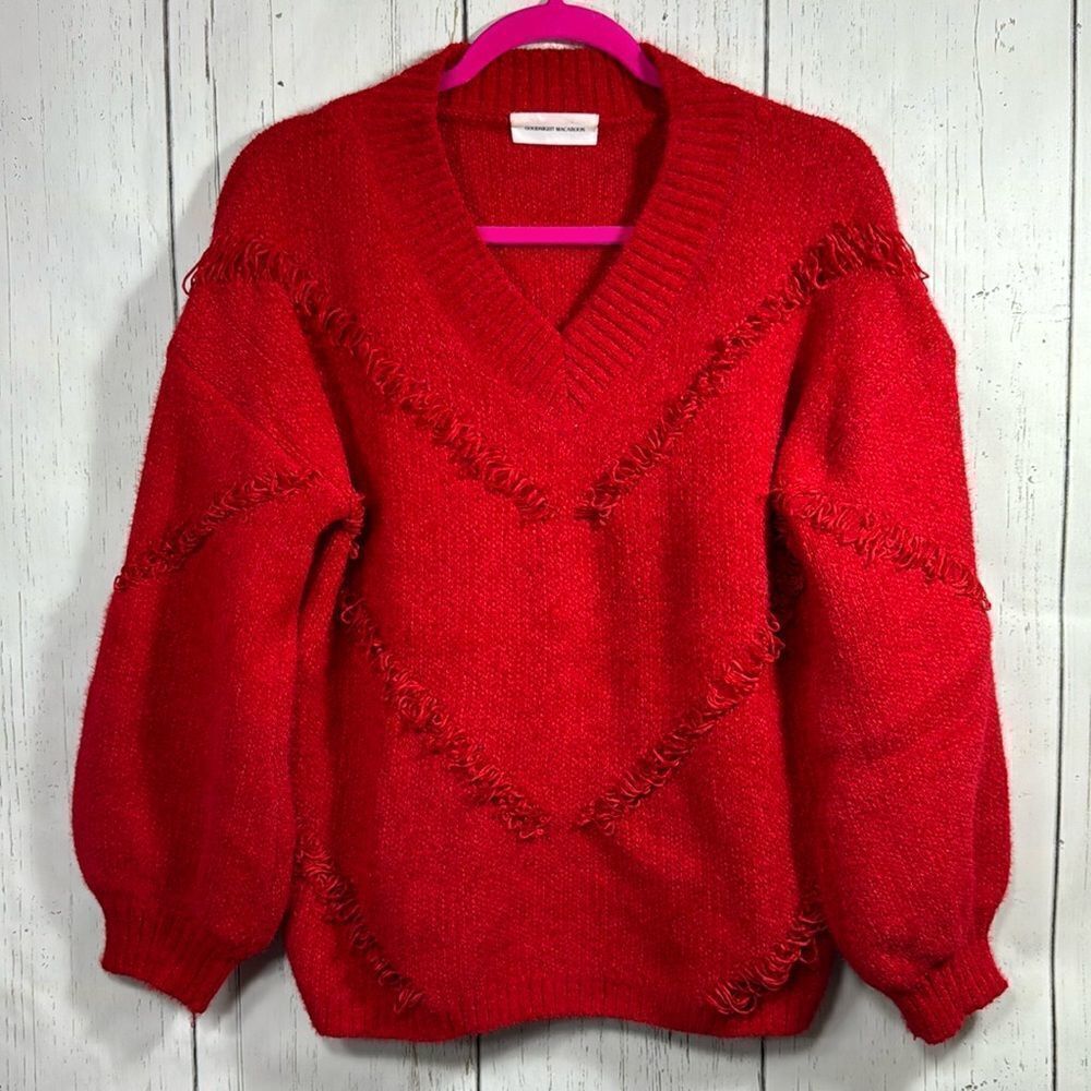 Goodnight Macaroon Red Fringe Knit Sweater Cozy Textured Cottagecore Holiday